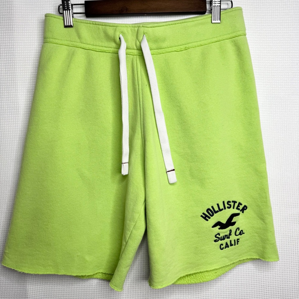 Hollister Mens Lime Green Fleece Sweat Shorts Raw Hem Embroidered Logo Size S